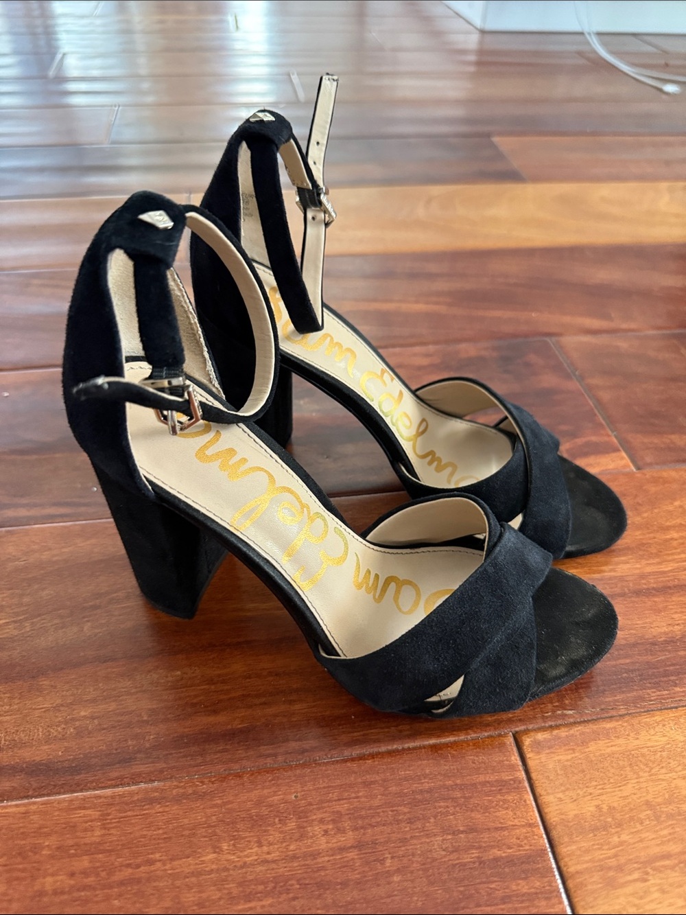 Sam Edelman Black Suede Open-Toe Ankle-Strap Block Heels, 6M